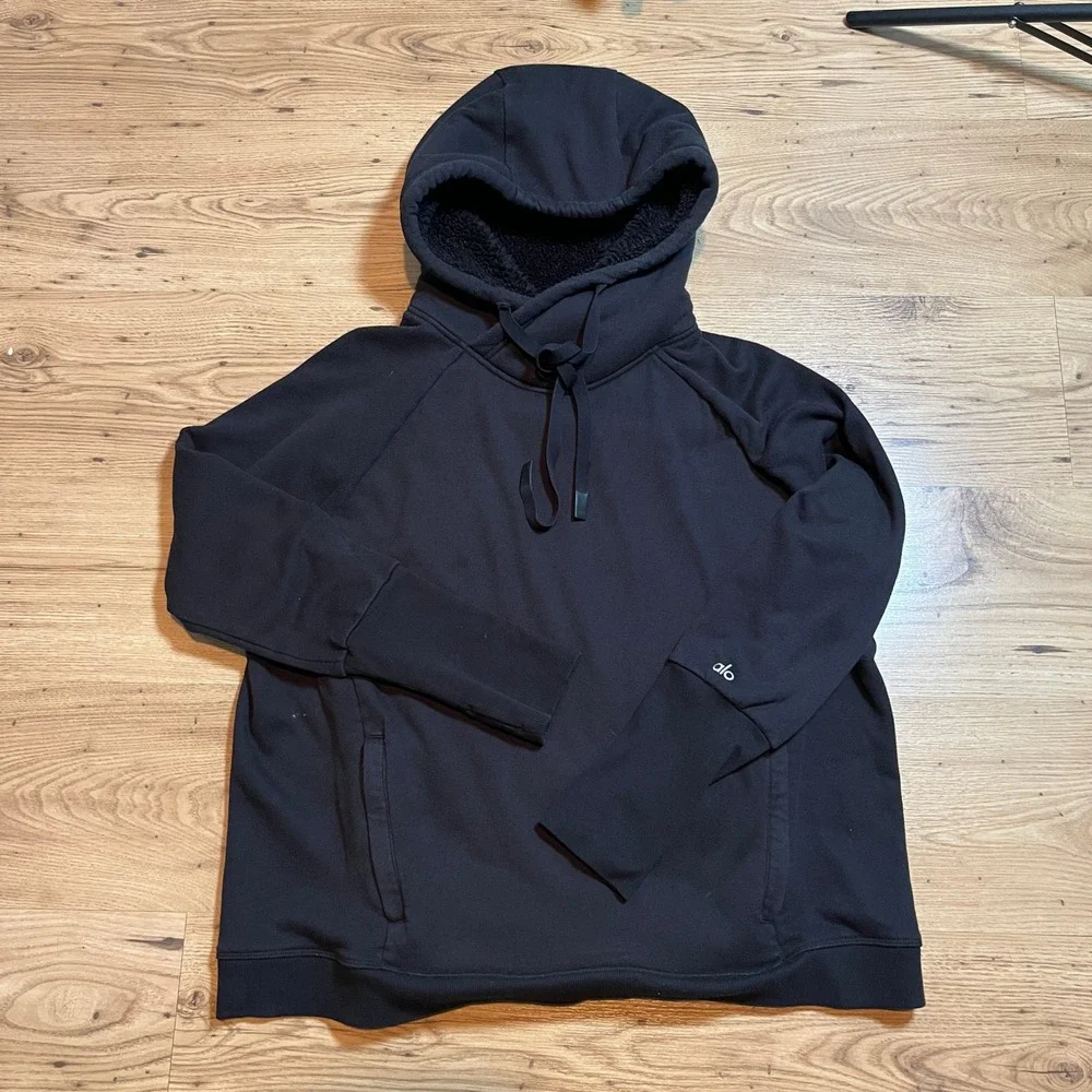 Alo Yoga Frost Hoodie Women S Black Sherpa Lined Sweatshirt Thumbhole Pullover